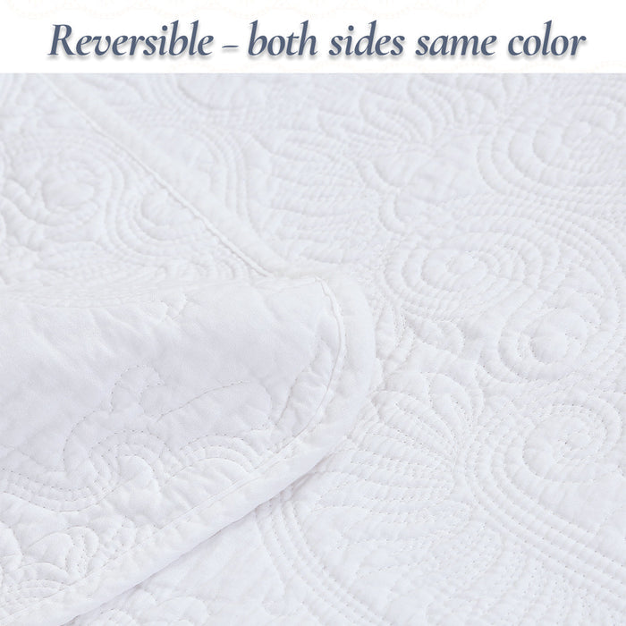 Classic Orient Damask Medallion Stitch Solid White 100% Cotton 3 Piece Quilt Bedding Set
