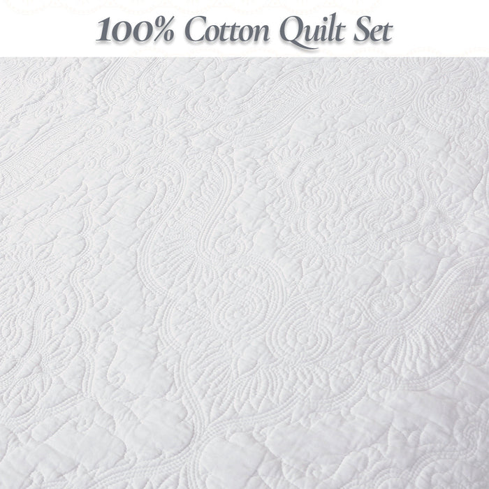 Classic Orient Damask Medallion Stitch Solid White 100% Cotton 3 Piece Quilt Bedding Set