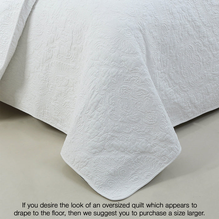 Classic Orient Damask Medallion Stitch Solid White 100% Cotton 3 Piece Quilt Bedding Set