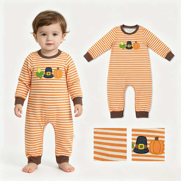 Corn & Pumpkin Embroidery Stripes Boys Thanksgiving Romper & Outfits Brothers Wear Clothes