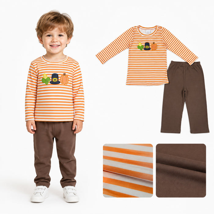 Corn & Pumpkin Embroidery Stripes Boys Thanksgiving Romper & Outfits Brothers Wear Clothes
