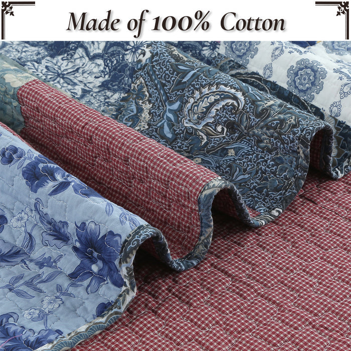Country Cozy Blue Rose Floral Paisley Garden Cotton 3 Piece Patchwork Quilt Bedding Set