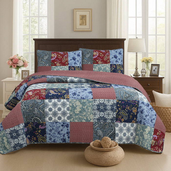 Country Cozy Blue Rose Floral Paisley Garden Cotton 3 Piece Patchwork Quilt Bedding Set