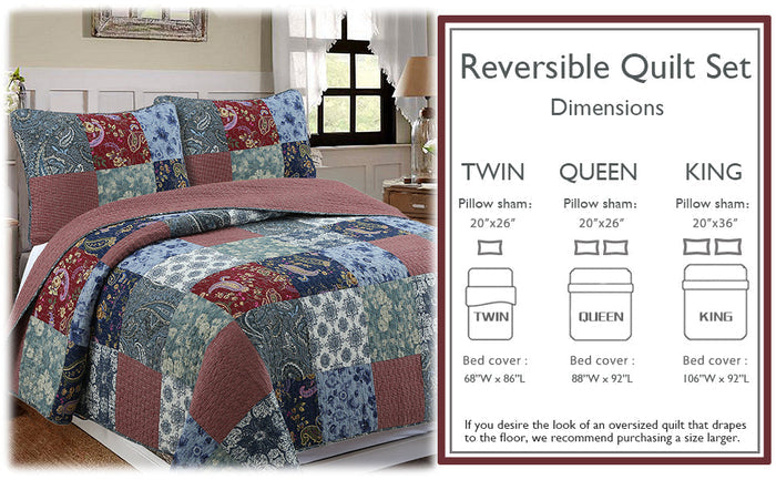 Country Cozy Blue Rose Floral Paisley Garden Cotton 3 Piece Patchwork Quilt Bedding Set