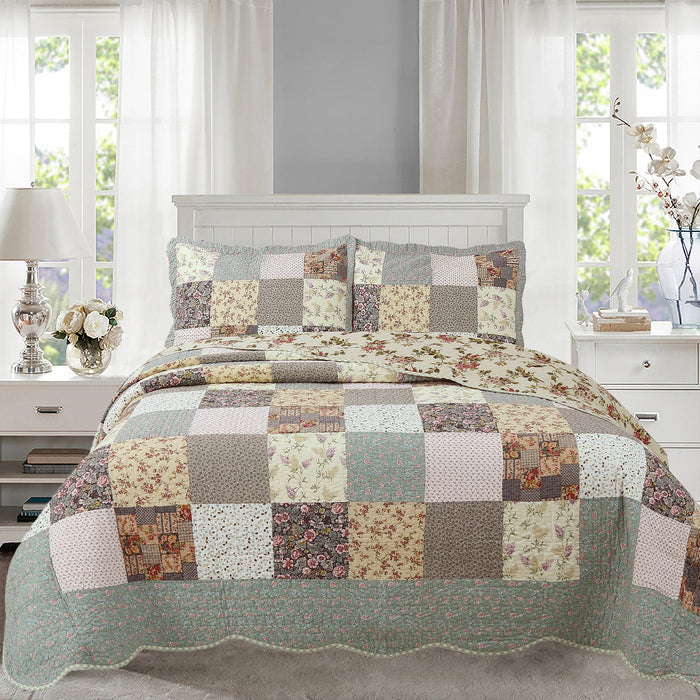 Country Floral Chic Scalloped Real Patchwork Cotton 3-Piece Quilt Bedding Set