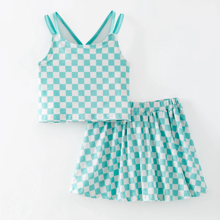 (Custom Design Preorder MOQ 5) Aqua Plaid Crop Top Skirts Girls Summer Outfits