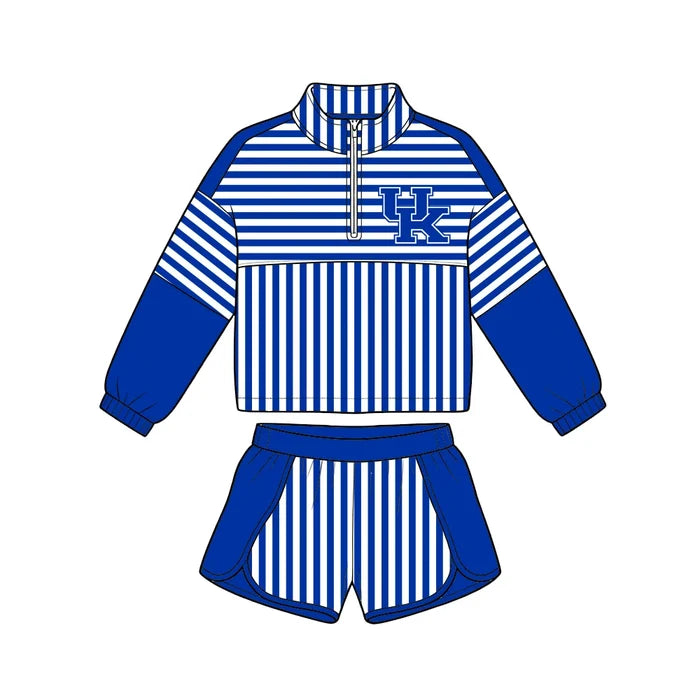(Custom Design Preorder MOQ 5) Baby Girls Blue Stripe Kentucky Zip Pullovers Short Team Clothes Set