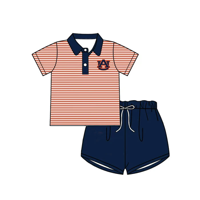 (Custom Design Preorder MOQ 5) Baby Girls Red Stripe AU Button Polo Top Shorts Team Clothes Sets