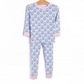 (Custom Design Preorder MOQ 5) Blue Small Flowers Bows Print Girls Fall Pajamas Clothes Set