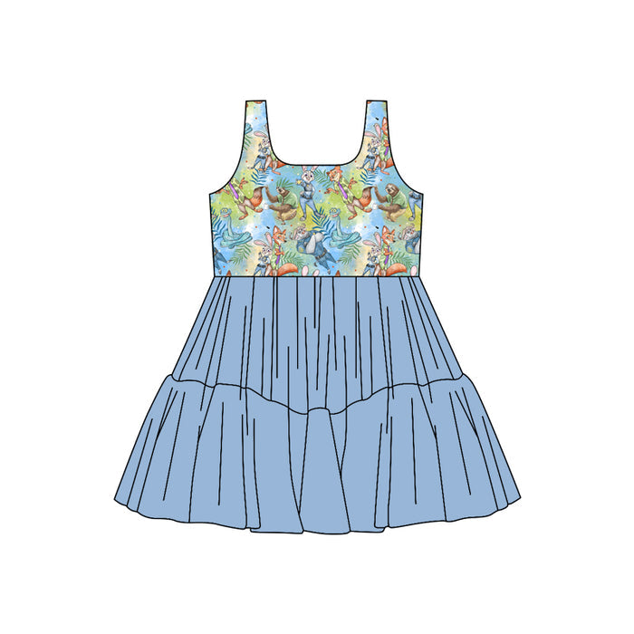 (Custom Design Preorder MOQ 5) Cartoon Animals Girls Sleeveless Tulle Dress