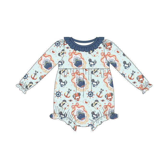 (Custom Design Preorder MOQ 5 ) Cartoon Mouse Boat Bows Print Baby Girls Long Sleeve Romper