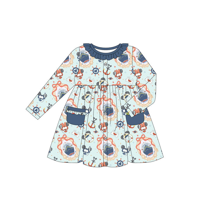 (Custom Design Preorder MOQ 5)  Cartoon Mouse Boat Bows Print Girls Long Sleeve Pockets Dress