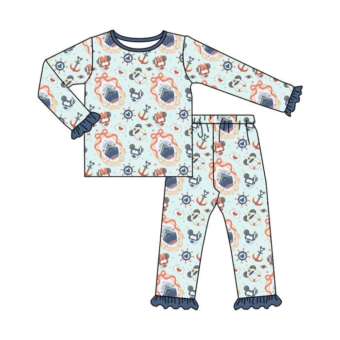 (Custom Design Preorder MOQ 5) Cartoon Mouse Boat Bows Print Girls Pajamas Clothes Set