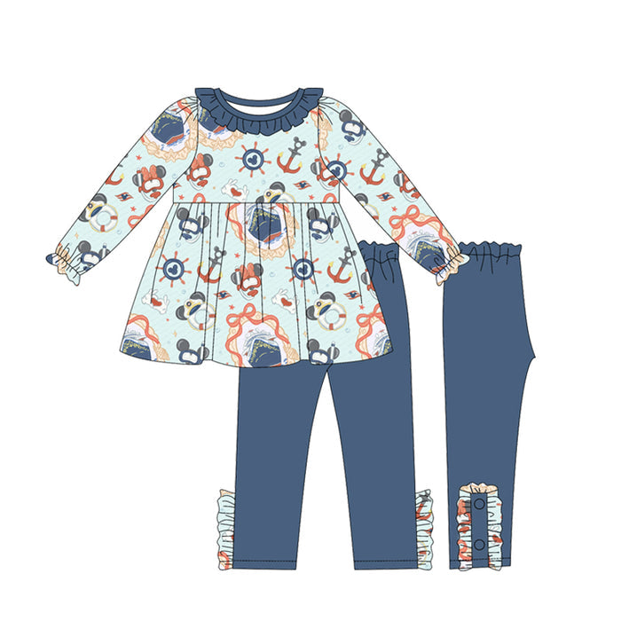(Custom Design Preorder MOQ 5) Cartoon Mouse Boat Bows Tunic Top Legging Pants Girls Clothes Set
