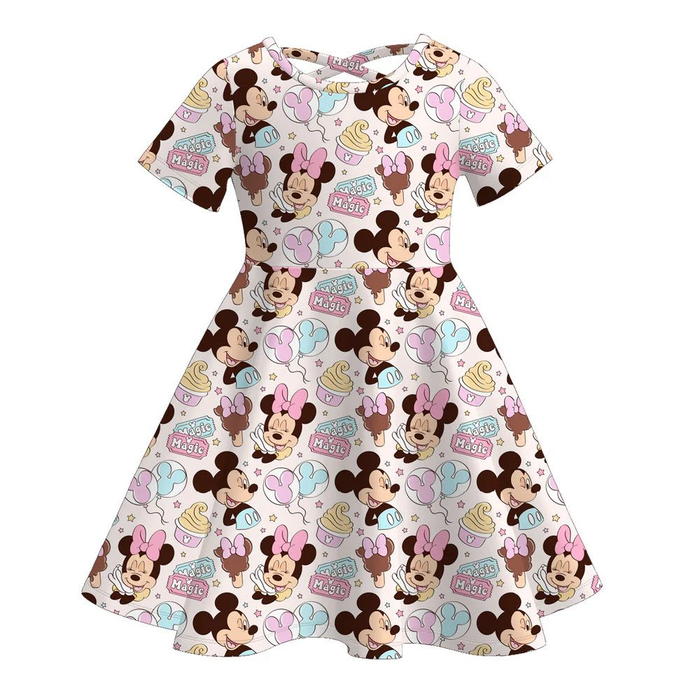 (Custom Design Preorder MOQ 5) Cartoon Mouse Cake Girls Short Sleeve Dress