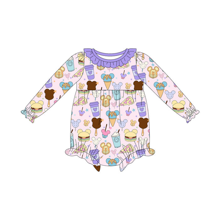 (Custom Design Preorder MOQ 5 ) Cartoon Mouse Food Print Baby Girls Long Sleeve Romper