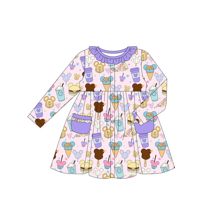 (Custom Design Preorder MOQ 5)  Cartoon Mouse Food Print Girls Long Sleeve Pockets Dress