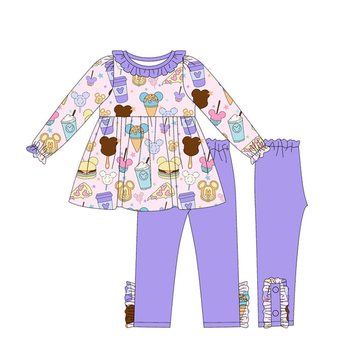 (Custom Design Preorder MOQ 5) Cartoon Mouse Food Tunic Top Legging Pants Girls Clothes Set
