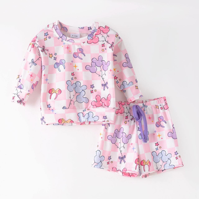 (Custom Design Preorder MOQ 5) Cartoon Mouse Long Sleeve Top Shorts Girls Summer Outfits