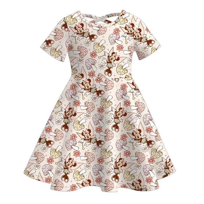 (Custom Design Preorder MOQ 5) Cartoon Mouse Mushroom Girls Short Sleeve Dress