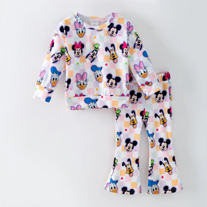 (Custom Design Preorder MOQ 5) Cartoon Mouse Plaid Long Sleeve Top Pants Girls Outfits