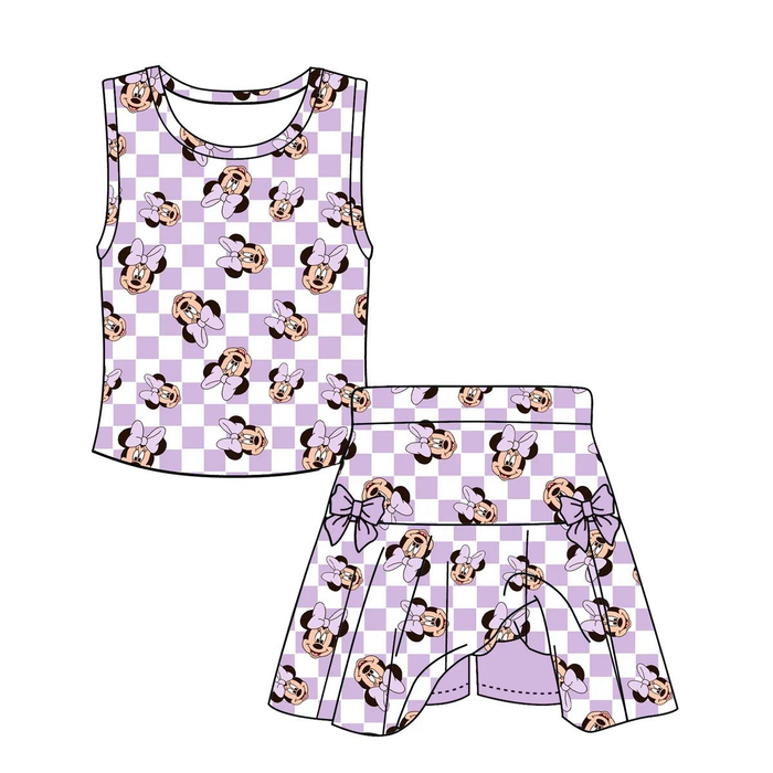 (Custom Design Preorder MOQ 5) Cartoon Mouse Purple Plaid Top Skirts Girls Summer Outfits