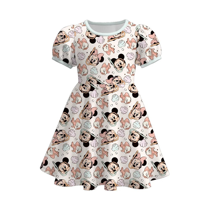 (Custom Design Preorder MOQ 5) Cartoon Mouse Shell Girls Puff Sleeve Dress