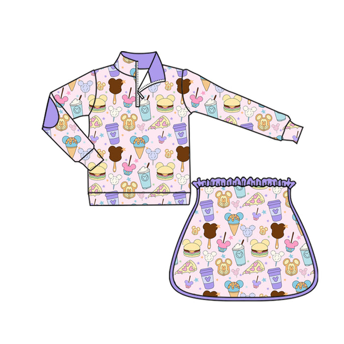 (Custom Design Preorder MOQ 5) Cartoon Princess Food Zipper Pullover Top Skort Girls Clothes Set
