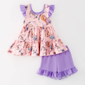 (Custom Design Preorder MOQ 5) Cartoon Princess Tunic Top Purple Shorts Girls Summer Outfits