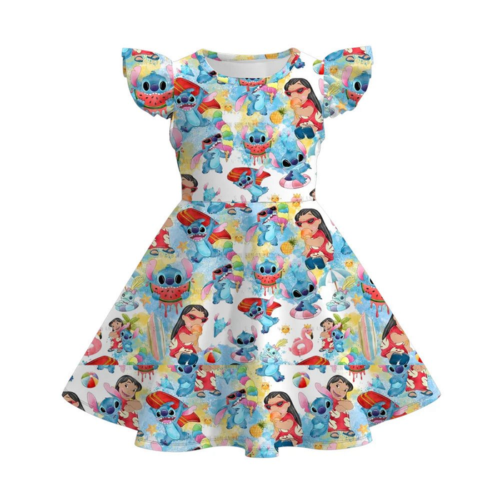 (Custom Design Preorder MOQ 5) Cartoon Stitc* Watermelon Girls Flutter Sleeve Dress