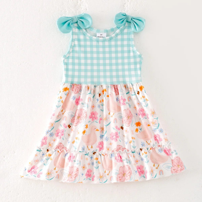 (Custom Design Preorder MOQ 5) Duck Flowers Plaid Girls Sleeveless Dress