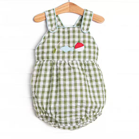 (Custom Design Preorder MOQ 5 ) Fishing Green Plaid Print Baby Summer Strap Romper