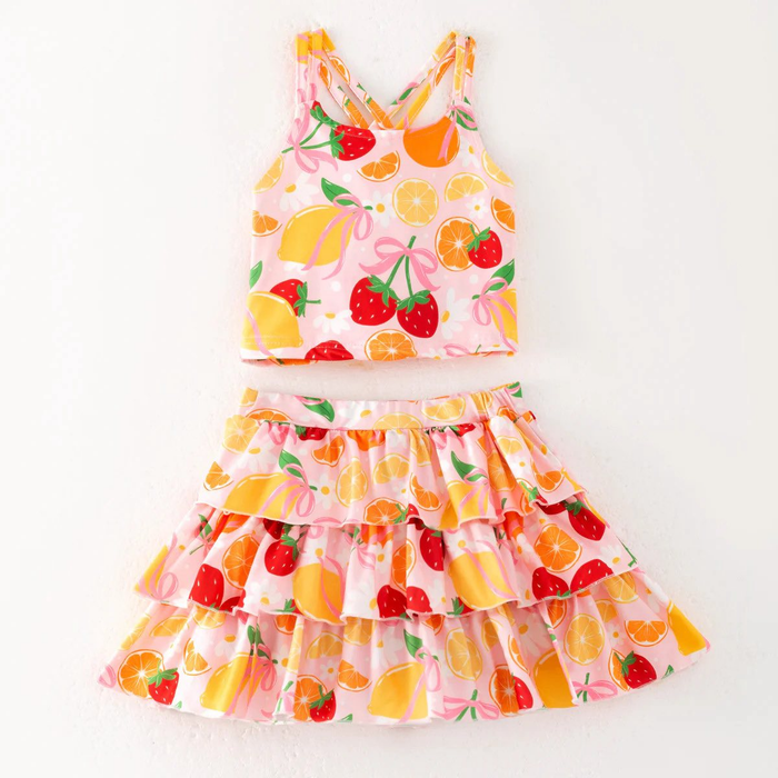 (Custom Design Preorder MOQ 5) Fruit Crop Top Ruffle Skirts Girls Summer Outfits