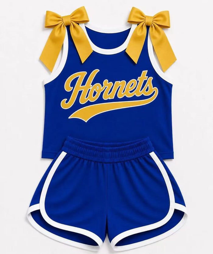 (Custom Design Preorder MOQ 5) Girls  Bow Strap Hornets Tank  & Shorts Sport Team Outfit