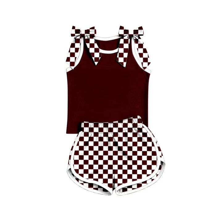 (Custom Design Preorder MOQ 5) Girls  Bow Strap Maroo Tank  & Shorts Sport Team Outfit