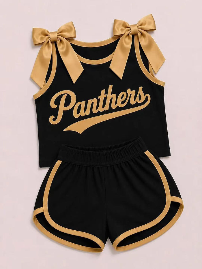 (Custom Design Preorder MOQ 5) Girls  Bow Strap Panthers Tank  & Shorts Sport Team Outfit