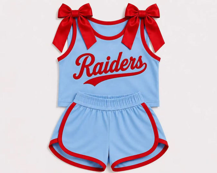 (Custom Design Preorder MOQ 5) Girls  Bow Strap Raiders Tank  & Shorts Sport Team Outfit
