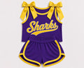 (Custom Design Preorder MOQ 5) Girls  Bow Strap Sharks Purple Tank  & Shorts Sport Team Outfit