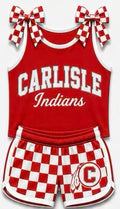 (Custom Design Preorder MOQ 5) Girls  Carlisle Strap Tank & Red Checked Shorts Sport Team Outfit