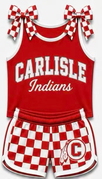 (Custom Design Preorder MOQ 5) Girls  Carlisle Strap Tank & Red Checked Shorts Sport Team Outfit