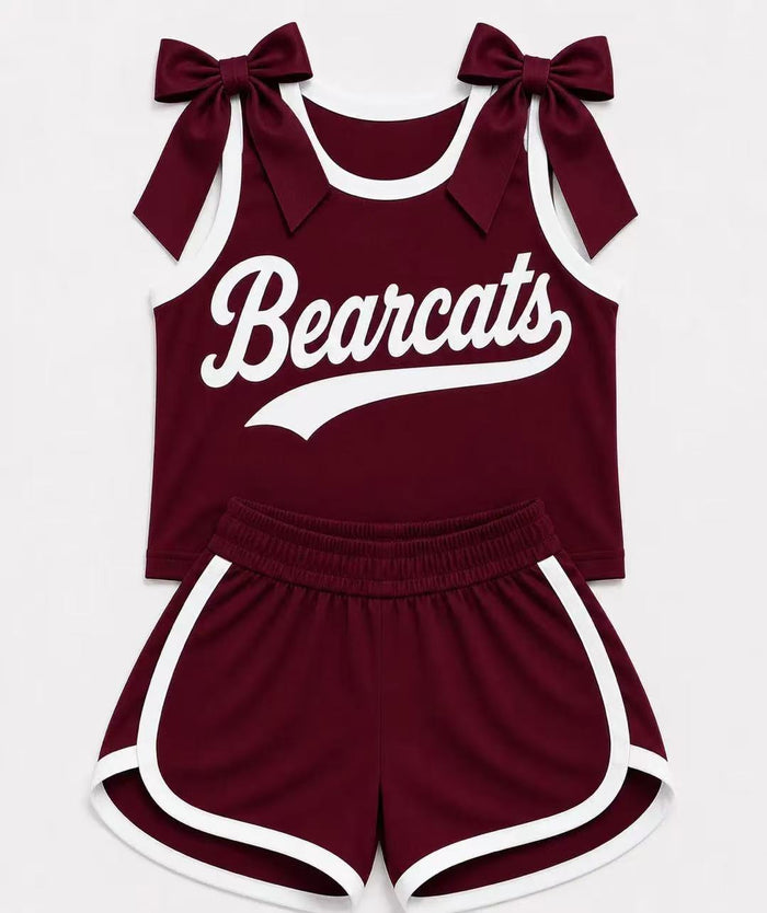 (Custom Design Preorder MOQ 5) Girls Maroon Bow Strap Beaicats Tank  & Shorts Sport Team Outfit