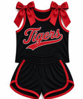 (Custom Design Preorder MOQ 5) Girls Red Bow Black StrapTigers Tank  & Shorts Sport Team Outfit
