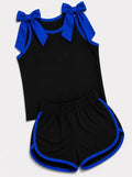 (Custom Design Preorder MOQ 5) Girls Royal Blue Bow Black Strap Tank  & Shorts Sport Team Outfit