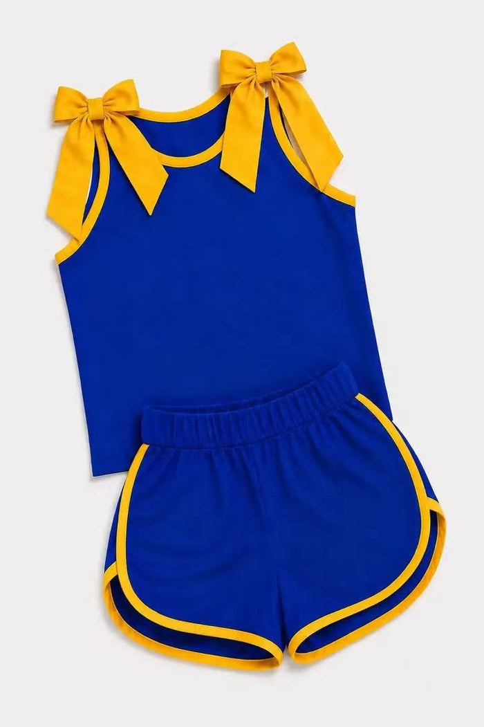 (Custom Design Preorder MOQ 5) Girlsroyal Blue Strap Tank Yellow Bow & Shorts Sport Team Outfit