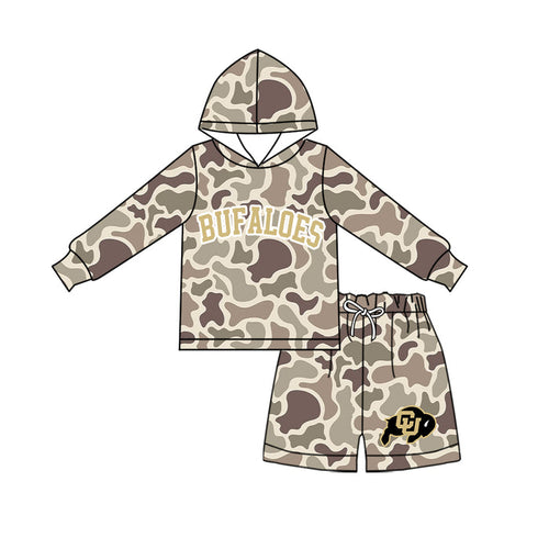 (Custom Design Preorder MOQ 5 ) Kids Boys Bufaloes Camo Hoodie with Shorts Outfit