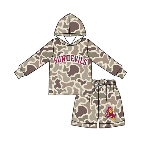 (Custom Design Preorder MOQ 5 ) Kids Boys Sun Devils Camo Hoodie with Shorts Outfit