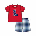 (Custom Design Preorder MOQ 5) Kids Boys Teams Ole Miss navy Gingham Shorts Outfit