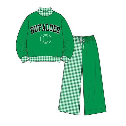 (Custom Design Preorder MOQ 5 ) Kids Girls Buf Aloes Green Top with Wild pants  Outfit