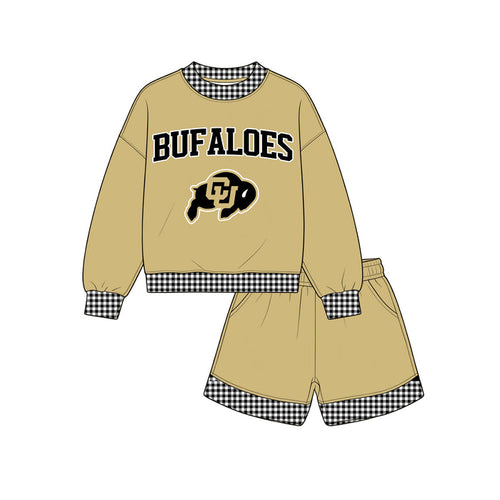 (Custom Design Preorder MOQ 5 ) Kids Girls Buf Aloes Tan Top with Shorts Outfit