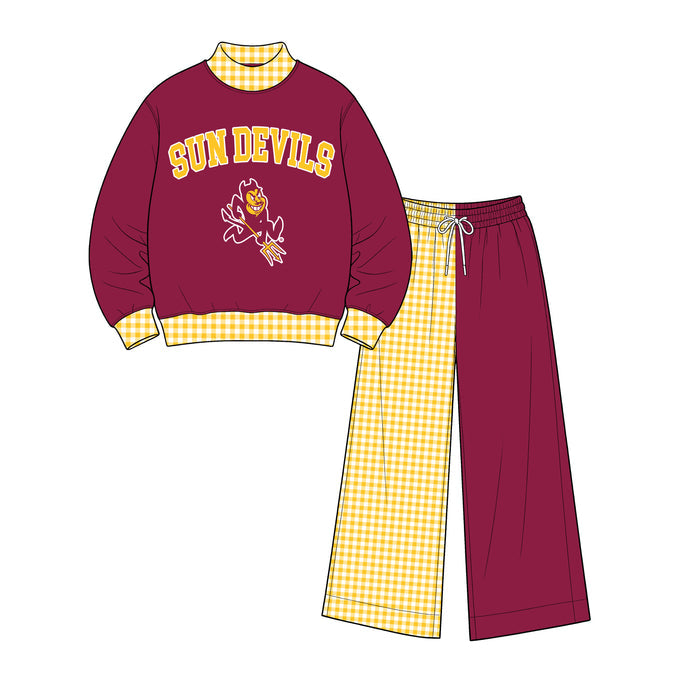 (Custom Design Preorder MOQ 5 ) Kids Girls Sun Devils Top with Wide Pants Outfit